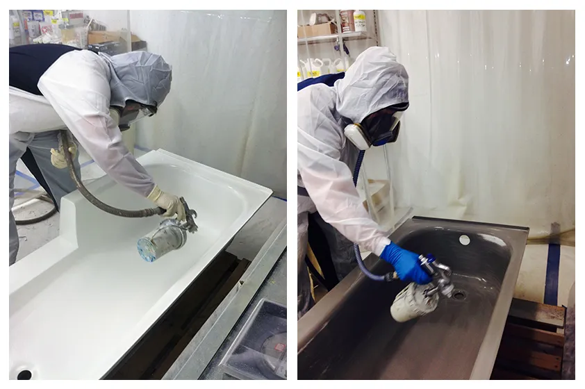 Employee spraying on bathtub