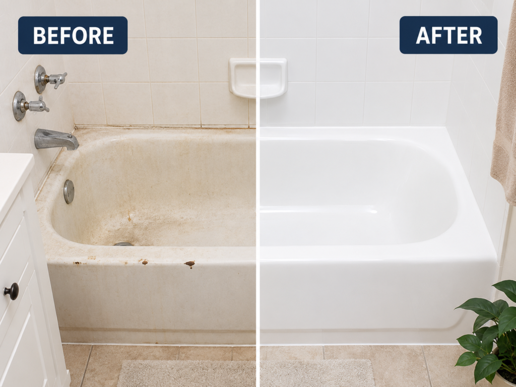 Before and after professional bathtub refinishing in Reno Nevada