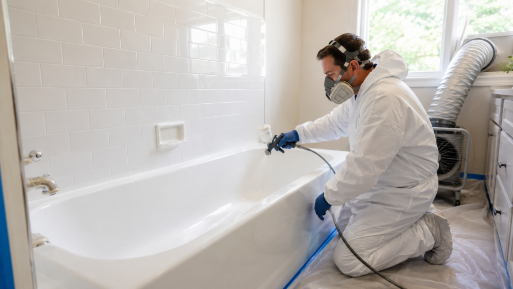 Rusted bathtub surface being professionally repaired by Anew Bathtub Repair in Reno, Nevada